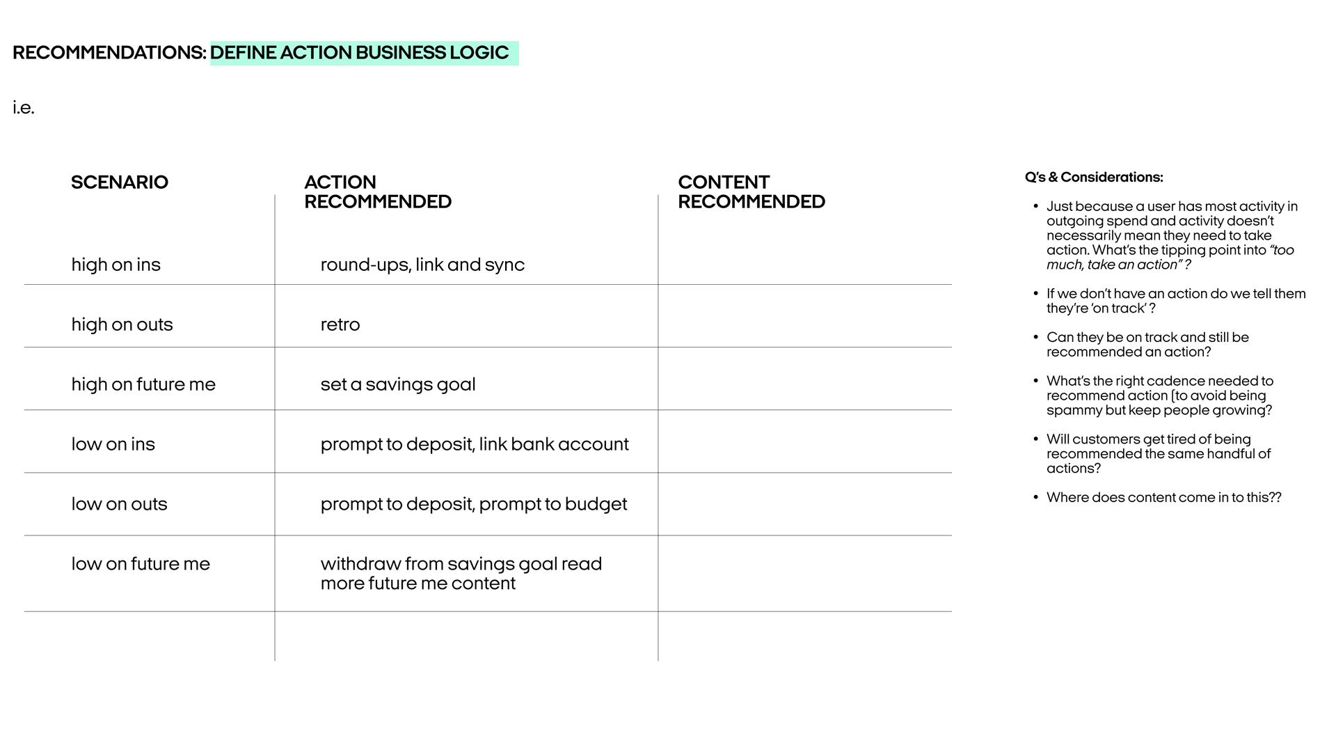 A table outlining action recommendations for user scenarios with high or low engagement in areas like saving, spending, and future planning. Includes a list of considerations for cadence and content relevance.