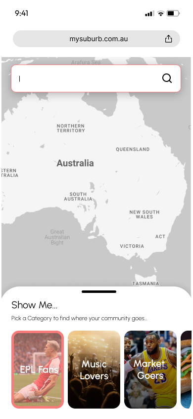 Discovery page showing a map of Australia, search bar, and category cards for exploring different communities like 'EPL Fans' and 'Music Lovers'.