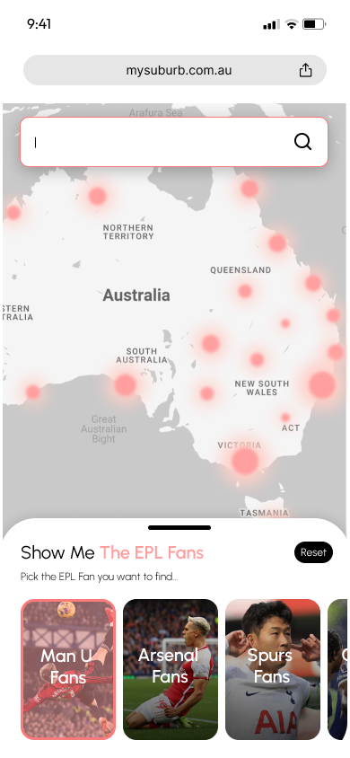 Discovery page with a heatmap highlighting EPL fan locations across Australia. Category cards show specific fan groups like 'Man U' and 'Arsenal' fans.