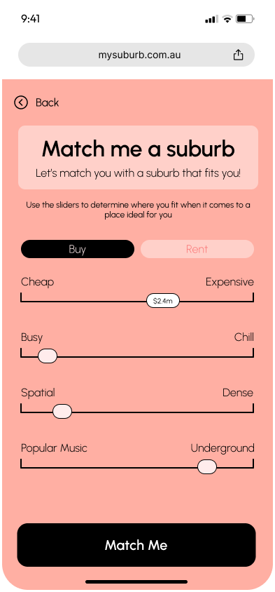 Suburb matching tool with sliders for preferences such as cost, busyness, and music type, and a 'Match Me' button.