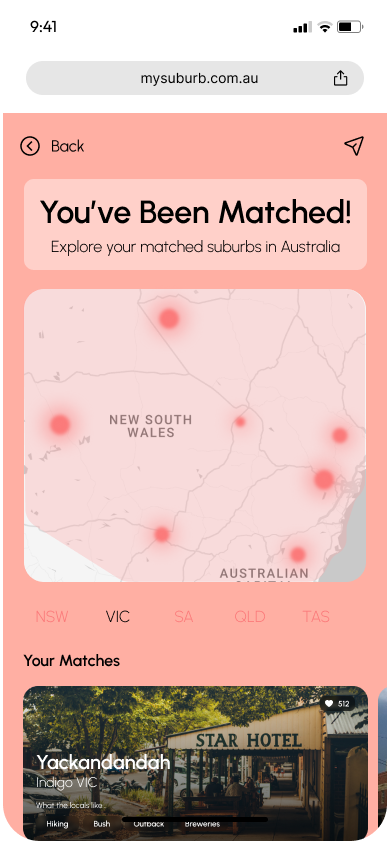 Suburb matching results page with a map of Australia highlighting matched suburbs and a 'Your Matches' section showing Yackandandah, VIC.