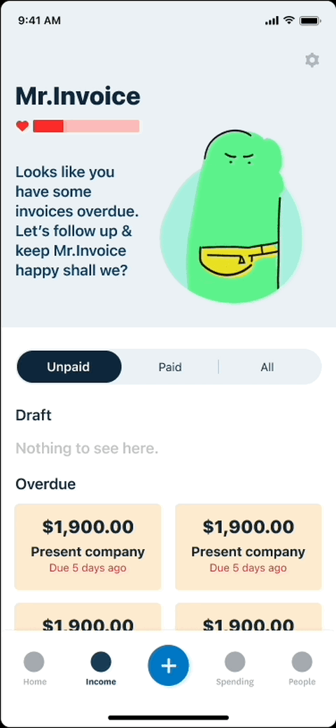 Animated mobile screen showing an invoice tracker with overdue payments, featuring a character named Mr. Invoice with a progress bar, highlighting $1,900 overdue invoices for a company, and options to manage unpaid and paid invoices.